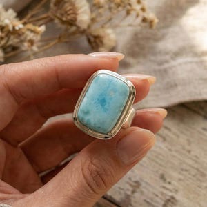 Larimar Statement Ring • Rectangular Sterling Silver, Ocean Blue Gemstone