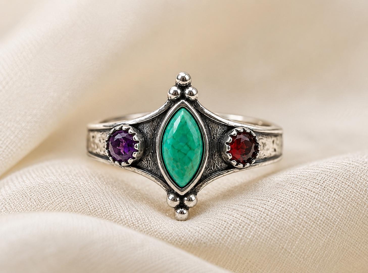 Vintage Multi-Stone Silver Ring - Turquoise, Garnet, Amethyst Boho…