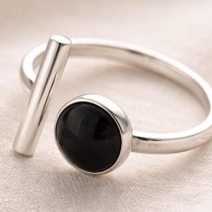 Minimalist Silver Adjustable Open Ring Black Onyx Gemstone Statement Ring Modern Boho Jewelry Gift for Her