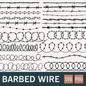 Puede incluir: Una colección de diseños de alambre de púas negros en varios estilos. La imagen incluye líneas rectas, patrones curvos y formas circulares. El texto "BARBED WIRE" se muestra en la parte inferior, junto con los iconos "SVG" y "PNG".