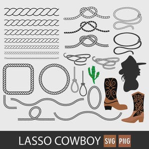 May include: A collection of vector illustrations featuring ropes, knots, cowboy boots, a cactus, and a cowboy silhouette. The image includes various rope designs, lasso shapes, and the text "LASSO COWBOY SVG PNG".