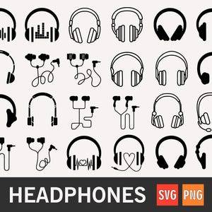 May include: A black and white graphic featuring various headphone designs, including over-ear and in-ear styles. Some headphones have equalizer or heart rate monitor graphics. The word "HEADPHONES" is displayed below the designs, along with "SVG" and "PNG" icons.