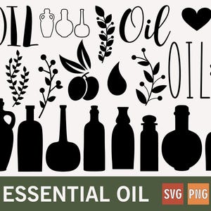 Op de afbeelding: Zwart-wit grafisch ontwerp met het woord "OIL" in verschillende lettertypen en stijlen, samen met silhouetten van etherische olieflessen, bladeren, olijven en een hart. De tekst "ESSENTIAL OIL" staat onderaan, met "SVG" en "PNG" pictogrammen.