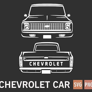 Puede incluir: Arte lineal blanco de una camioneta Chevrolet clásica, vistas delantera y trasera, sobre un fondo gris oscuro. La palabra "CHEVROLET" se muestra en la parte trasera de la camioneta. Debajo, el texto "CHEVROLET CAR" se muestra, junto con los iconos "SVG PNG".