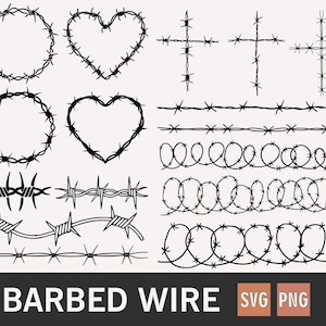 Puede incluir: Diseños de alambre de púas en blanco y negro en varias formas, incluyendo círculos, corazones y cruces. La imagen también presenta patrones de alambre rectos y en espiral. El texto "BARBED WIRE" se muestra en la parte inferior, junto con los iconos "SVG" y "PNG".