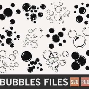 Puede incluir: Diseños de burbujas en blanco y negro de varios tamaños y disposiciones. La imagen incluye el texto "BUBBLES FILES" y los iconos de tipo de archivo "SVG" y "PNG".