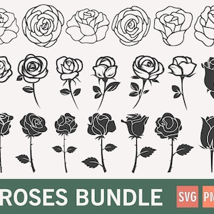 May include: A collection of rose illustrations in various stages of bloom, from outline drawings to solid silhouettes. The image includes the text "ROSES BUNDLE" with "SVG" and "PNG" icons, suitable for digital design projects.