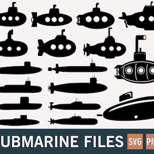 May include: A collection of black submarine silhouettes in various designs. The image includes submarines with different fin and propeller styles, and the text "SUBMARINE FILES SVG PNG" at the bottom.