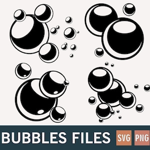Puede incluir: Gráfico en blanco y negro de varios grupos de burbujas. Las burbujas varían en tamaño, con reflejos que crean un efecto brillante. El texto "BUBBLES FILES" está en la parte inferior, con los logotipos "SVG" y "PNG".