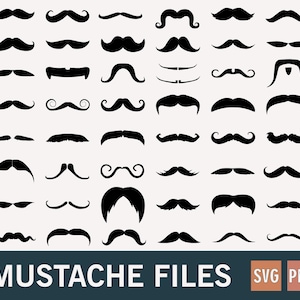 May include: A selection of black mustache designs on a cream backdrop. The image features diverse mustache styles, including thin, thick, curved, straight, and some with curled tips. The bottom of the image displays the text "MUSTACHE FILES" and "SVG PNG".