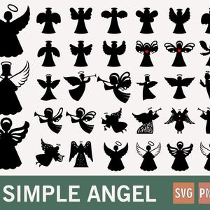 以下が含まれることがあります： さまざまなポーズの黒い天使のシルエットのコレクション。一部にはハローとトランペットがあります。画像には「SIMPLE ANGEL」というテキストとファイルタイプインジケーター「SVG」と「PNG」が含まれています。天使は詳細な翼と流れるローブを持っています。