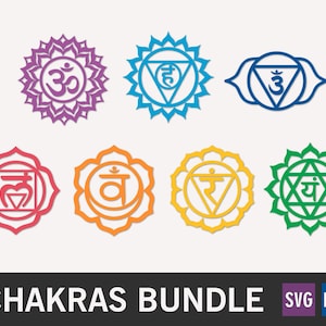 May include: A collection of seven colorful chakra symbols in purple, blue, red, orange, yellow, and green. Each symbol features a unique design with a central element and surrounding petals or shapes. The text "CHAKRAS BUNDLE" is displayed below.