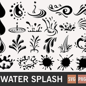 Könnte beinhalten: Eine Sammlung schwarzer Wasserspritzer-Designs in verschiedenen Formen und Größen. Das Bild zeigt Tropfen, Wellen und stilisierte Spritzer, mit dem Text "WATER SPLASH" unten sowie den Labels "SVG" und "PNG".