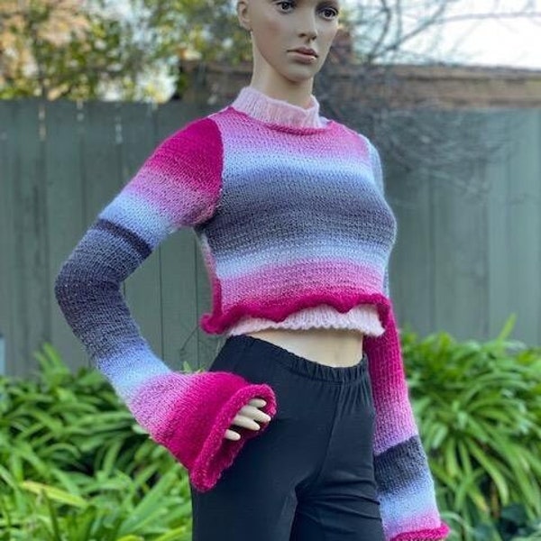 Sweater knitting Pattern. Fitted silhouette jumper, cropped, extra-long bell sleeves, light ruffle on the edges. English