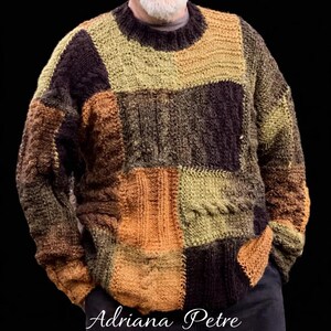 May include: A patchwork sweater in shades of brown, olive green, and tan. The sweater features a crew neck and various knit patterns, including cable knit and ribbed sections. The name "Adriana Petre" is written in cursive at the bottom.