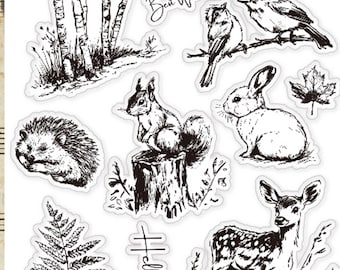 Retro Forest Animal Silicone Stamps – Birch Trees, Deer, Squirrel, Rabbit – Scrapbooking Journaling Craft