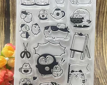 Kawaii Cat & Friends Clear Silicone Stamp Set - Cute Cartoon Animal DIY Craft Stamp for Card Making, Planner Decoration, Party Favors