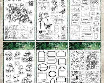 Vintage transparante stempelset voor journaling | Retro bloemen-, paddenstoel- en label-stempels voor een DIY scrapbook-achtergrond