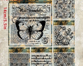 Transparante siliconenstempels in vintagestijl met bakstenen muurrozen, damborden, vlinders en bladmuziek