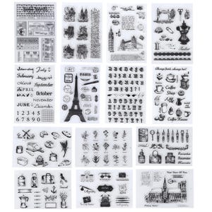 May include: Clear stamps with various designs, including the Eiffel Tower, London landmarks, sewing tools, and floral elements. Also includes calendar, alphabet, and text stamps for crafting and journaling.