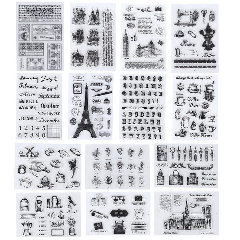May include: Clear stamps with various designs, including the Eiffel Tower, London landmarks, sewing tools, and floral elements. Also includes calendar, alphabet, and text stamps for crafting and journaling.