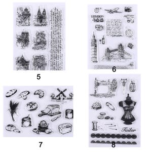 May include: Clear stamps with various designs. Includes architectural sketches, London landmarks, bread and bakery items, and sewing-themed illustrations. The word "Tailor" is visible on one stamp.