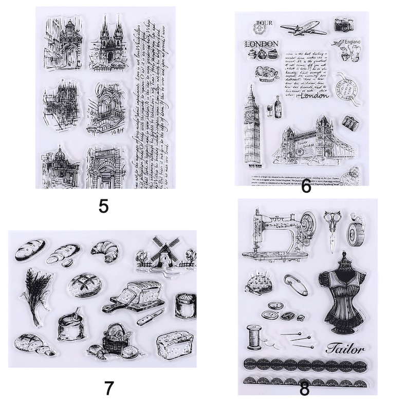 May include: Clear stamps with various designs. Includes architectural sketches, London landmarks, bread and bakery items, and sewing-themed illustrations. The word "Tailor" is visible on one stamp.