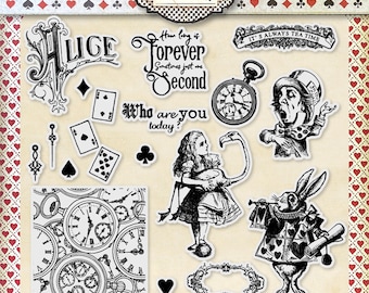 Clear Silicone Stamp Set - Vintage Playing Cards & Alice in Wonderland Theme for Journaling, Scrapbooking