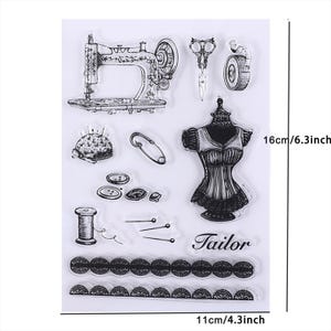 May include: Clear stamp set featuring sewing-themed illustrations. Includes a vintage sewing machine, scissors, a dress form, buttons, pins, a spool of thread, and decorative trim. The set measures 6.3 inches high and 4.3 inches wide.