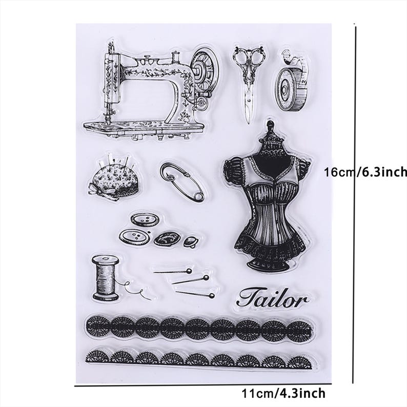 May include: Clear stamp set featuring sewing-themed illustrations. Includes a vintage sewing machine, scissors, a dress form, buttons, pins, a spool of thread, and decorative trim. The set measures 6.3 inches high and 4.3 inches wide.