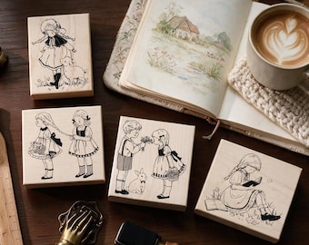 Cartoon Story Illustration Stamp, Vintage Girl Rubber Stamp, Shepherdess & Reading Girl Wood Stamp for Journaling, Scrapbooking