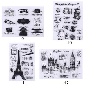 May include: Clear stamps with various designs, including vintage cameras, a typewriter, and calligraphy elements. Other stamps feature coffee shop items, the Eiffel Tower, and London landmarks. Numbers 9, 10, 11, and 12 are visible.