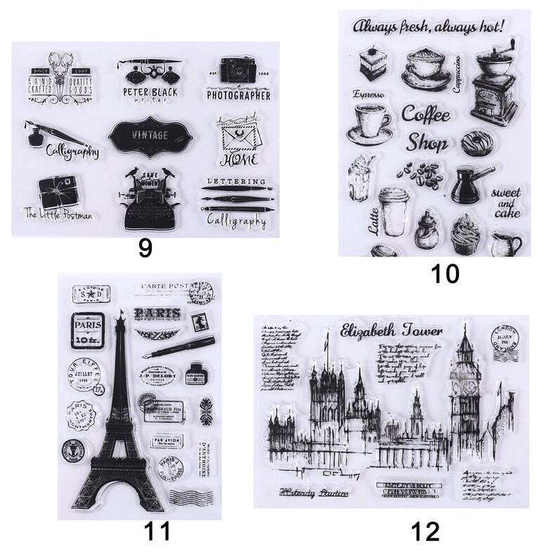 May include: Clear stamps with various designs, including vintage cameras, a typewriter, and calligraphy elements. Other stamps feature coffee shop items, the Eiffel Tower, and London landmarks. Numbers 9, 10, 11, and 12 are visible.