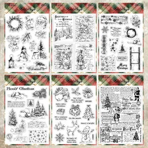 May include: Six sheets of clear photopolymer stamps featuring black ink illustrations of Christmas themes including Santa Claus, snowmen, reindeer, pine trees, snowflakes, poinsettias, lanterns, vintage script, and holiday greetings.