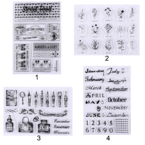 May include: Clear stamps with various designs. Includes stamps with text like "Street Food," "Hotdog Corner," and "Burgers." Other stamps feature botanical illustrations, months of the year, and numbers.