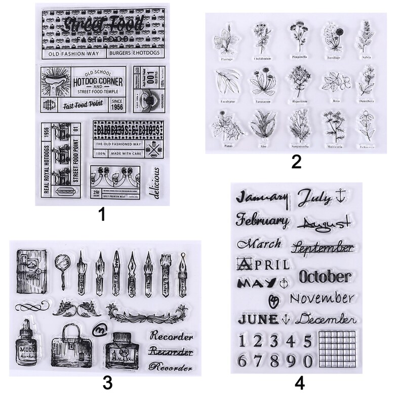 May include: Clear stamps with various designs. Includes stamps with text like "Street Food," "Hotdog Corner," and "Burgers." Other stamps feature botanical illustrations, months of the year, and numbers.