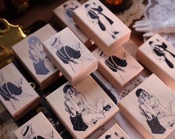 Vintage Girl Rubber Stamp, Wood Mount Art Stamp for Journaling, Retro Traveler & Reading Illustration, DIY Scrapbooking Planner Decor Gift