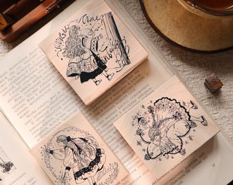 Magical Girl Rubber Stamp Set, Vintage Fairy Wood Stamp for Journaling, Witchy Aesthetic Scrapbook Stamps, Handmade Stationery Gift