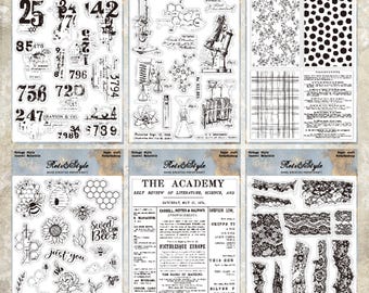 Vintage Clear Stamp Set: Numbers, Science, Lace, Bees, Newspaper, Borders for Journaling & Scrapbooking