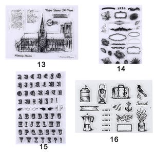 May include: Clear acrylic stamps with various designs. Includes a cathedral sketch, floral frames, an old English alphabet, and travel-themed images like a suitcase, bird, and postcard. Numbers 13, 14, 15, and 16 are printed on the image.