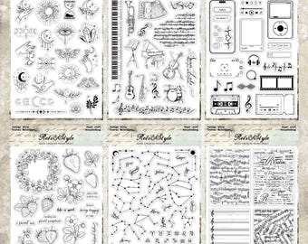 Vintage transparante stempelset: Muziek, Hemels, Y2K-technologie, Aardbei, Sterrenbeeld & Bladmuziek. Retro siliconen stempels voor journaling en scrapbooking.
