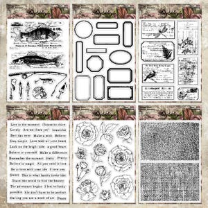 May include: Six sheets of clear stamps featuring vintage-style designs including fish, fishing gear, various rectangular and oval frames, antique document labels, inspirational text phrases, detailed rose illustrations, and textured patterns.