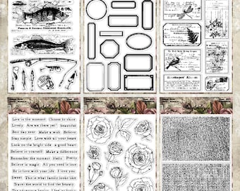 Vintage Fish Rose Background Clear Stamp Set, Mushroom Paper & Quote Silicone Stamps for Journaling, Scrapbook , Card Making