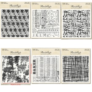 May include: Six vintage style paper craft scrapbook materials. Each is a rectangular stamp with a different black and white design. The designs include lace, text, numbers, and grid patterns. Each stamp measures 5.51 inches wide.
