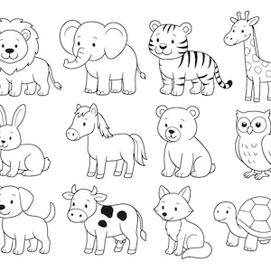 May include: A collection of black and white cartoon illustrations of various animals, including a lion, elephant, tiger, giraffe, rabbit, horse, bear, owl, dog, cow, fox, and turtle. These are simple line drawings.