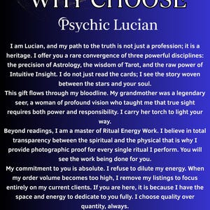 May include: Text-based graphic with the words "WHY CHOOSE Psychic Lucian" in white and gold lettering on a dark blue background. The text describes Lucian's psychic services, including astrology, tarot, and intuitive insight.