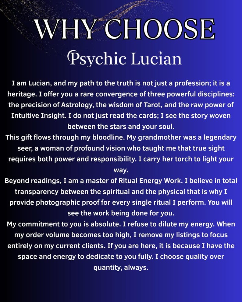 May include: Text-based graphic with the words "WHY CHOOSE Psychic Lucian" in white and gold lettering on a dark blue background. The text describes Lucian's psychic services, including astrology, tarot, and intuitive insight.