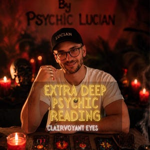 May include: A black baseball cap with the word LUCIAN embroidered in white, worn by a person in a white t-shirt. The image features the text EXTRA DEEP PSYCHIC READING and CLAIRVOYANT EYES, with tarot cards and lit candles visible on the table.