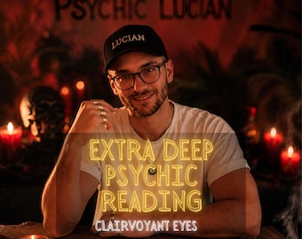 May include: A black baseball cap with the word LUCIAN embroidered in white, worn by a person in a white t-shirt. The image features the text EXTRA DEEP PSYCHIC READING and CLAIRVOYANT EYES, with tarot cards and lit candles visible on the table.