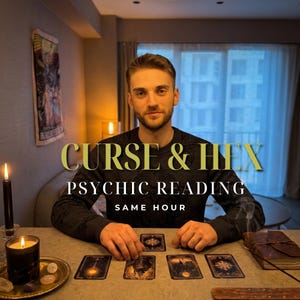 Puede incluir: Una persona con una camiseta negra de manga larga está sentada ante una mesa con cartas del tarot, una vela negra encendida y un libro de cuero. El texto CURSE & HEX PSYCHIC READING SAME HOUR aparece en letras doradas y blancas al centro.